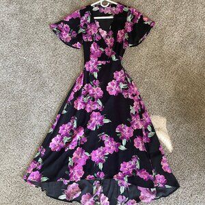 One Clothing black and purple floral formal long wrap dress